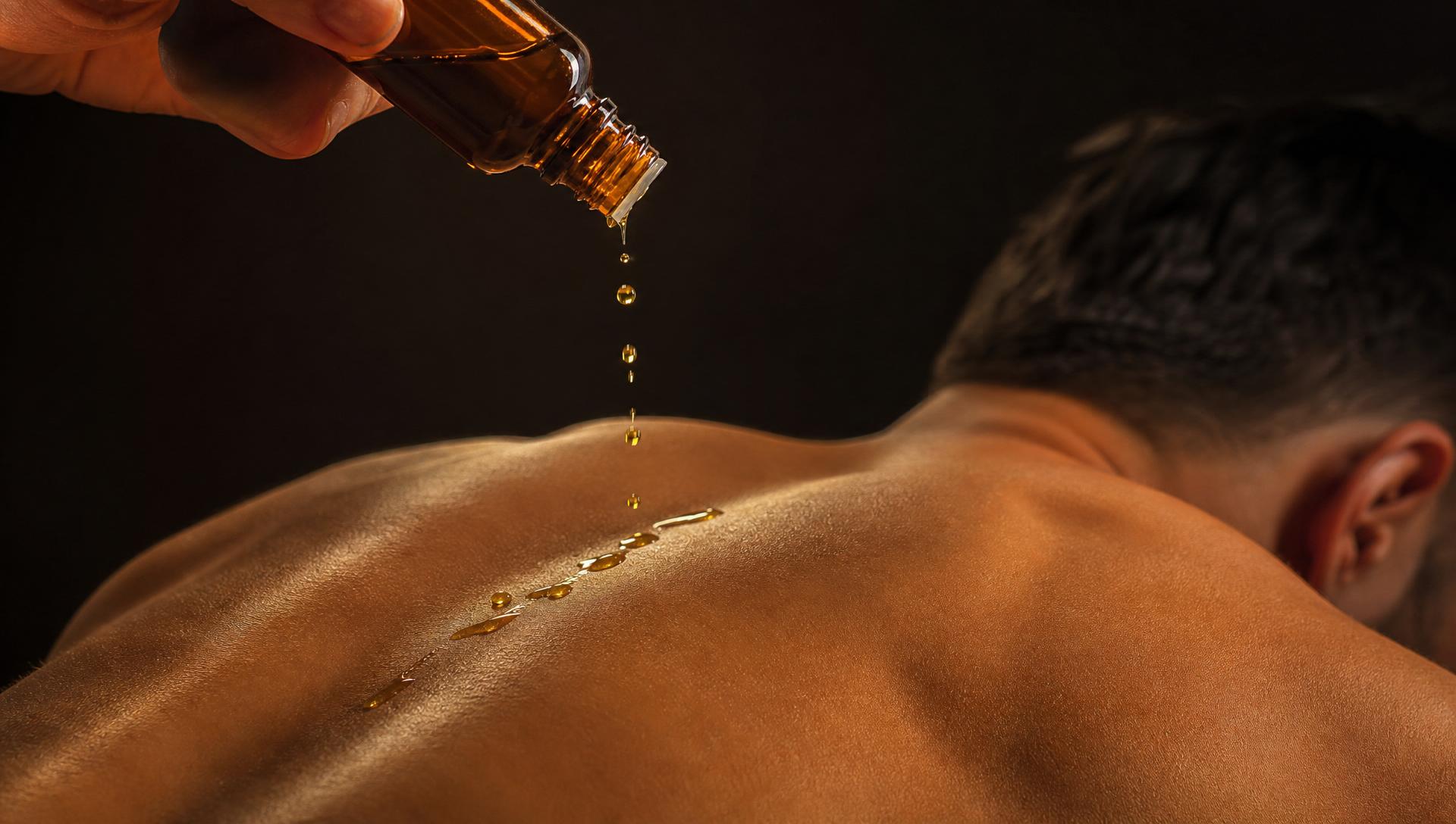 Massage aux huiles chaudes sur le dos d'un homme dans un salon zen à Strasbourg — Nagomi Wellness