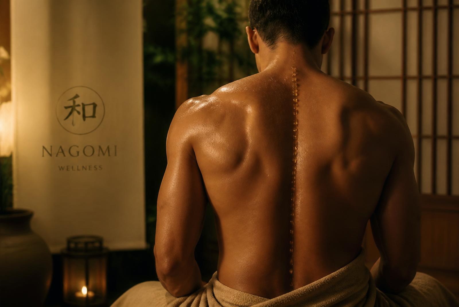 Gouttes d'huiles essentielles dorées déposées le long du dos dans un rituel Rain Drop bien-être homme à Strasbourg — Nagomi Wellness