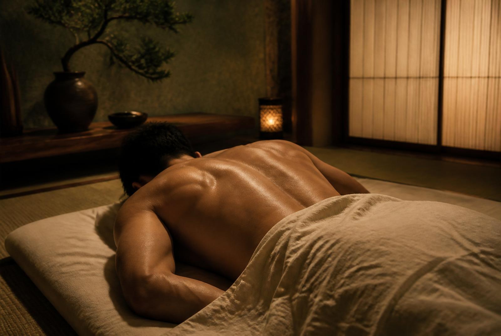 Homme apaisé profitant d'un massage relaxant favorisant un sommeil profond et réparateur — cabinet Nagomi Wellness Strasbourg