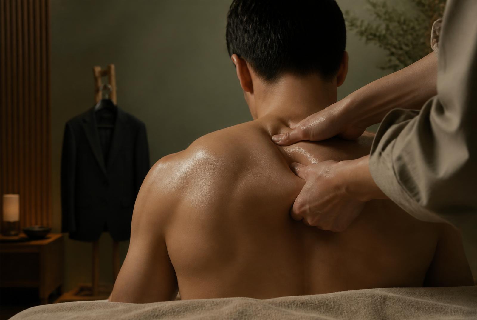 Cadre stressé au bureau soulageant les tensions du travail grâce à un massage détente pour homme — Nagomi Wellness Strasbourg